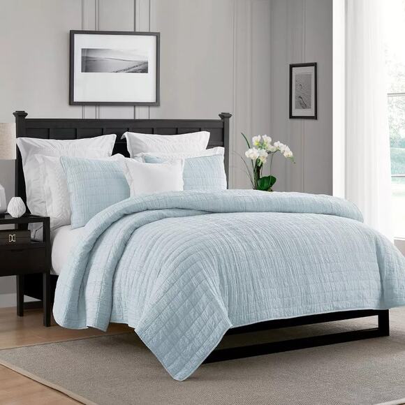 Swift Home Enzyme Washed Crinkle Quilted Bedspread Light Blue Full / Queen - Picture 1 of 8